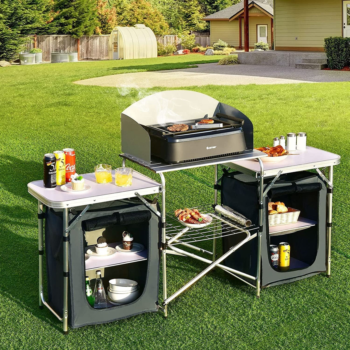 2026 NewCamping Kitchen Table with Storage, Aluminum Portable Outdoor Cooking Table with Windscreen, Foldable Camp Table Cook Station for BBQ, Grill, Party, Picnics