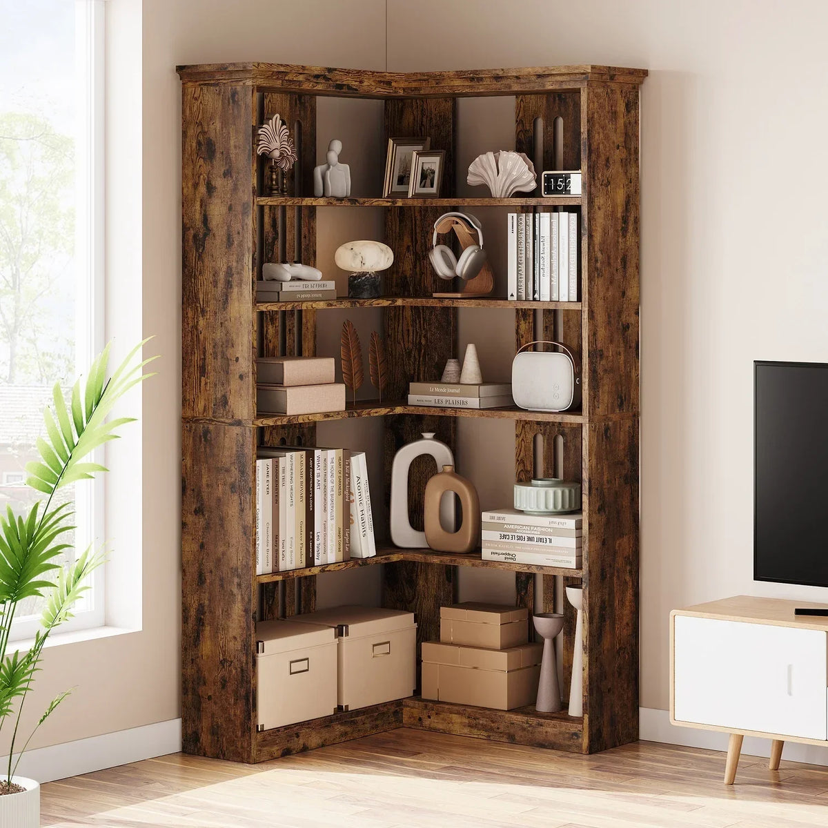 2026 NewEuKer 5 Tier Corner Bookcase, L-Shaped Bookshelf with Large Storage Capacity for Living Room, Bedroom, Office (Half Panel, Retro Brown)