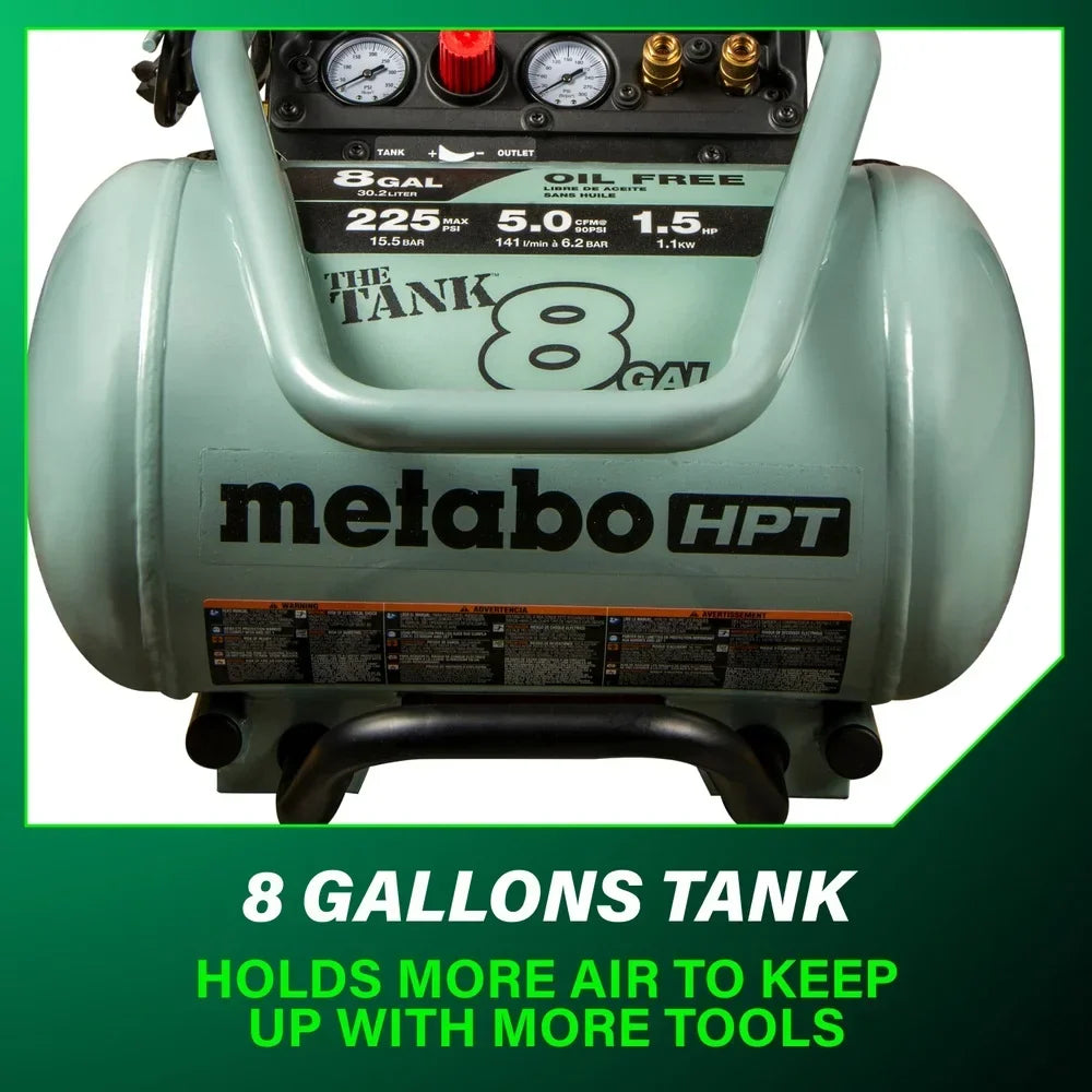 2026 NewMetabo HPT Air Compressor, THE TANK, 8-Gallon Trolley Air Compressor, 225 PSI, Versatile for Use with Framing, Siding, Finish, or Roofing Nailers, Easy Mobility with Rubber Tires, EC1315S