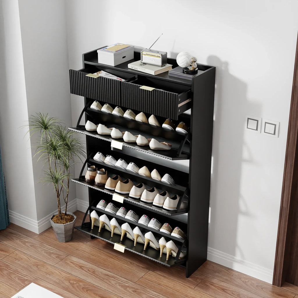 2026 NewShoe Cabinet, Free Standing Tipping Bucket Shoe Rack Organizer with 3 Flip Drawers, Modern Entryway Narrow Shoe Rack with 2 Drawers & Top Storage, for Hallway Bedroom, Walnut