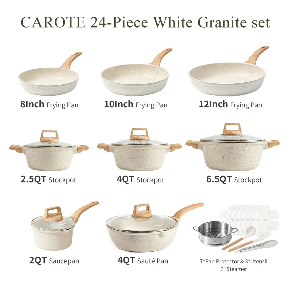 2026 NewCarote Nonstick Cookware Sets, 24 Pcs Granite Non Stick Pots and Pans Set, Induction Cookware, White