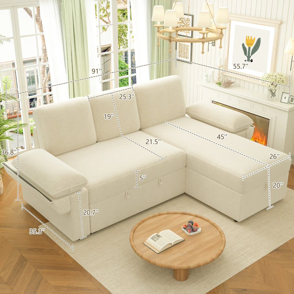 2026 NewVANACC Sofa Bed, Adult Sleeper Sofa with Storage Chaise, Pull Out Couch for Bed Room, Gray Chenille
