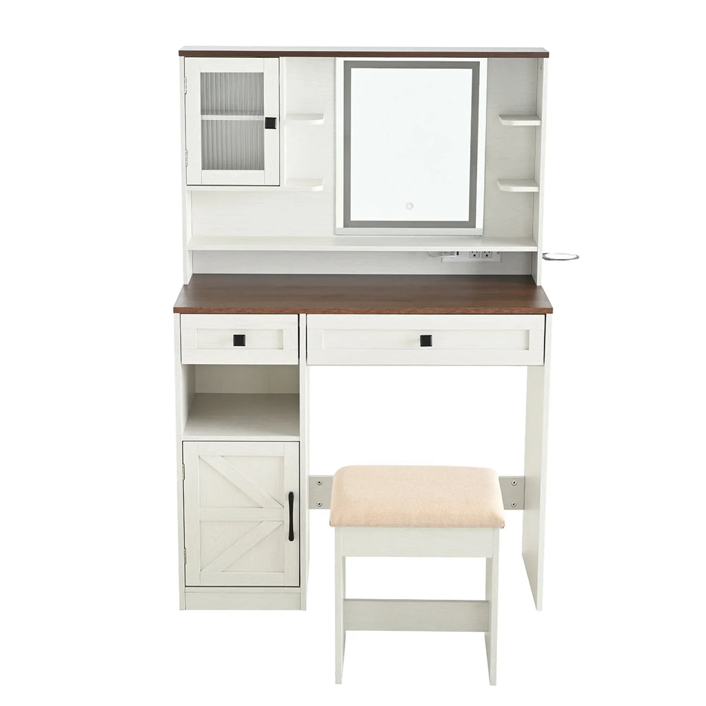 2026 NewFarmhouse Makeup Vanity Desk with Mirror and Lights,Dressing Table Set with Charging Station and Stool,Drawers,Shelves and Side Cabinet,White
