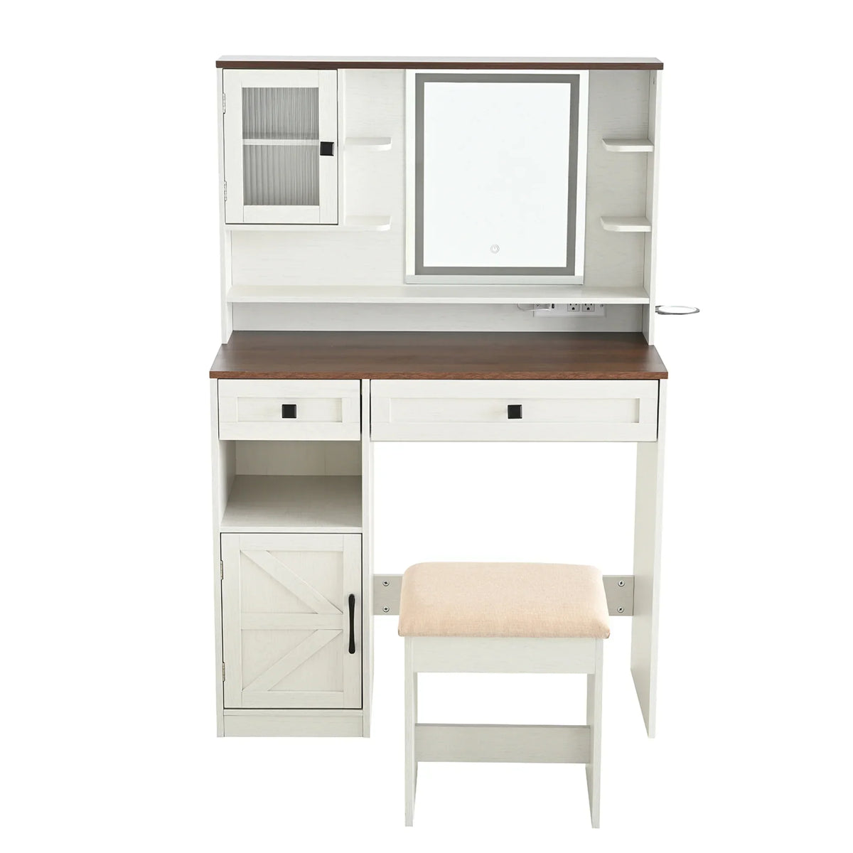 2026 NewFarmhouse Makeup Vanity Desk with Mirror and Lights,Dressing Table Set with Charging Station and Stool,Drawers,Shelves and Side Cabinet,White