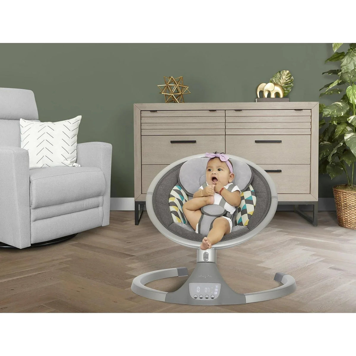2026 NewDream On Me Zazu Baby Swing. Baby Swing for Infant. 5 - Swinging Speed. Two Attached Toys. Bluetooth Enabled and Remote Control. Grey and Blue