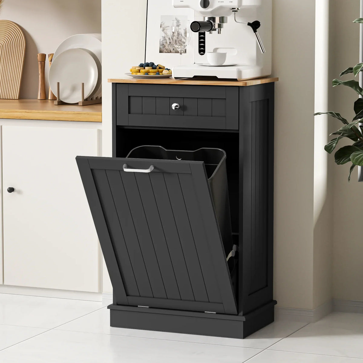 2026 NewHARIPUL Single Tilt Out Trash Cabinet for 13 Gallon Waste Bin, Free Standing Kitchen Trash Can Cabinet with Drawers, White
