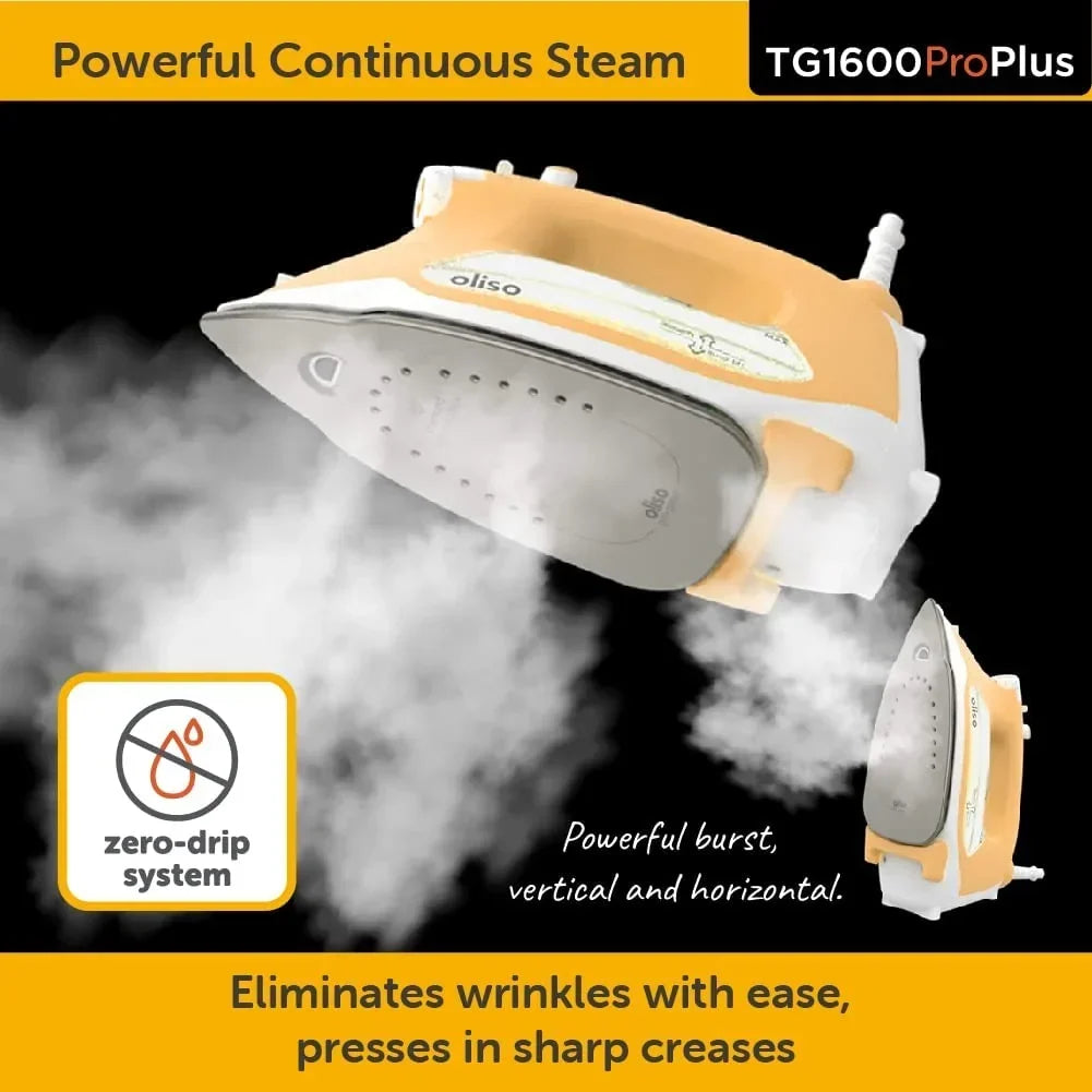 2026 NewOliso TG1600 Pro Plus 1800 Watt SmartIron with Auto Lift - for Clothes, Sewing, Quilting and Crafting Ironing | Diamond Ceramic-Flow Soleplate Steam Iron, Yellow