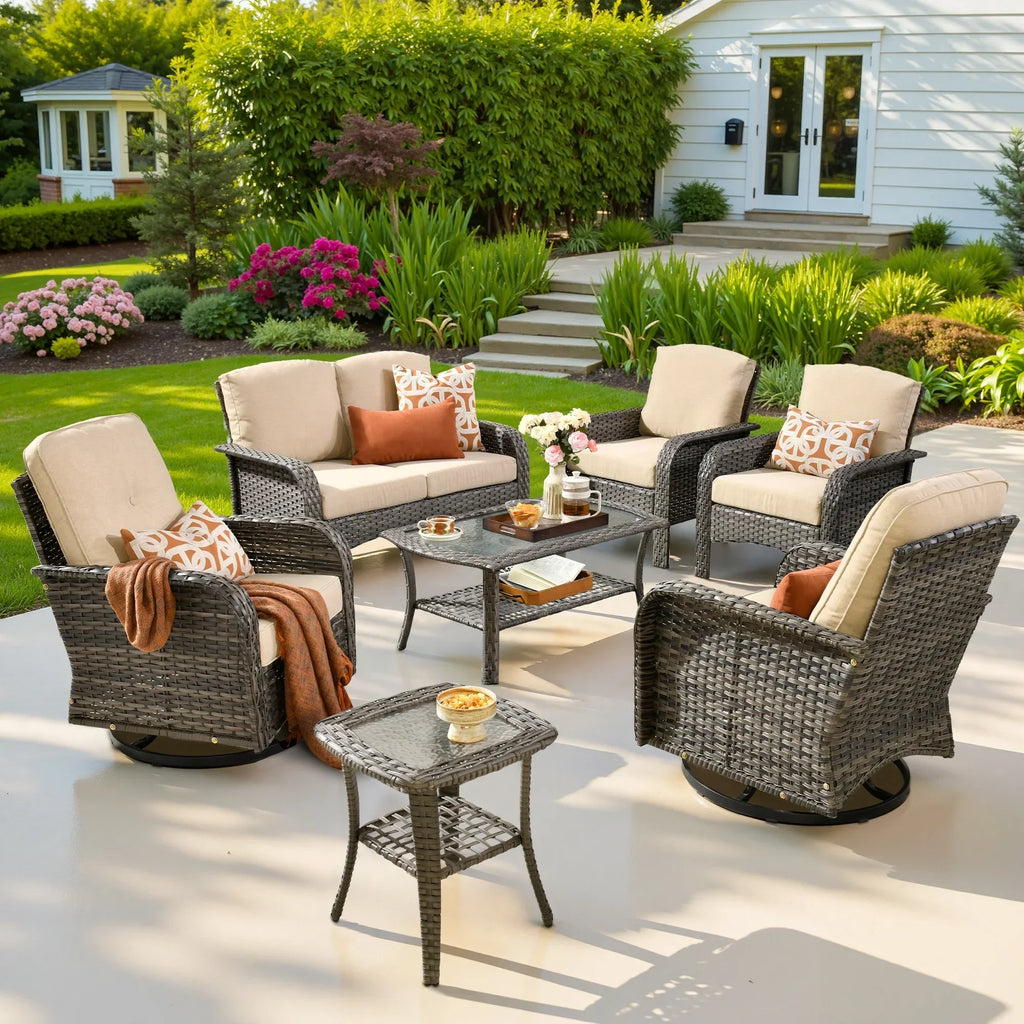 2026 NewOvios 5 Pieces Outdoor Patio Furniture Set High Back All Weather Wicker Conversation Set with Swivel Chairs & Coffee Table, Dark Gray
