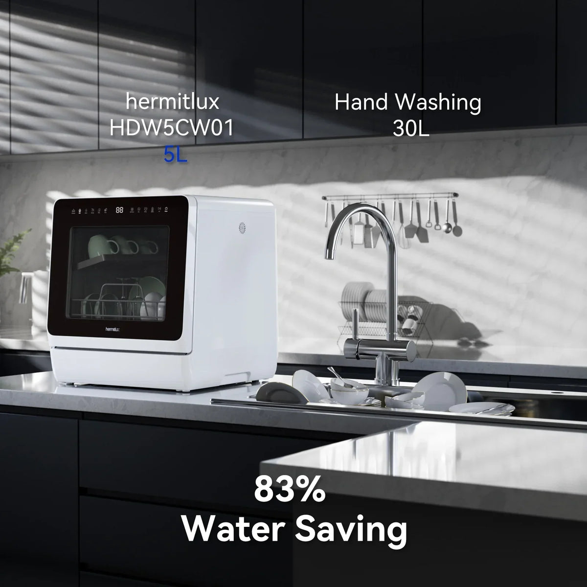 2026 NewHermitlux Portable Countertop Dishwasher, 5 Washing Programs, 5L Built-in Water Tank and Air-Dry Function, HMX-DW03