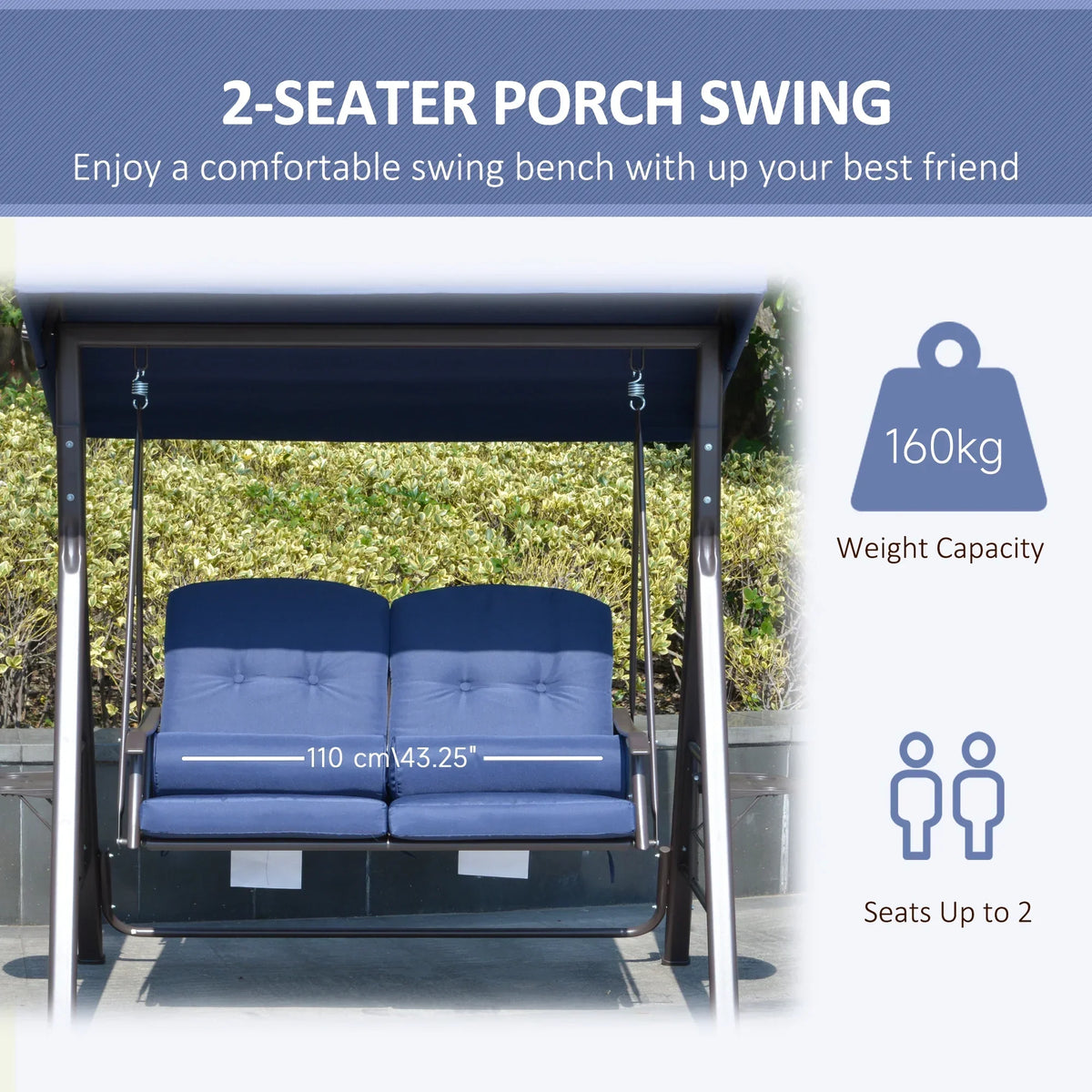 2026 NewOutsunny 2-Person Patio Swing Bench with Adjustable Shade Canopy, Soft Cushions, Throw Pillows and Tray, Beige.