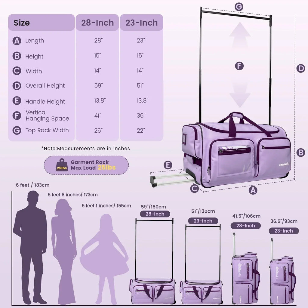 2026 NewFegat Dance Bag with Garment Rack - 28"Collapsible Rolling Competition Dance Duffle Bag Lightweight Costume Wheeled Suitcase for Dancers Shows Livestreamer Athletes