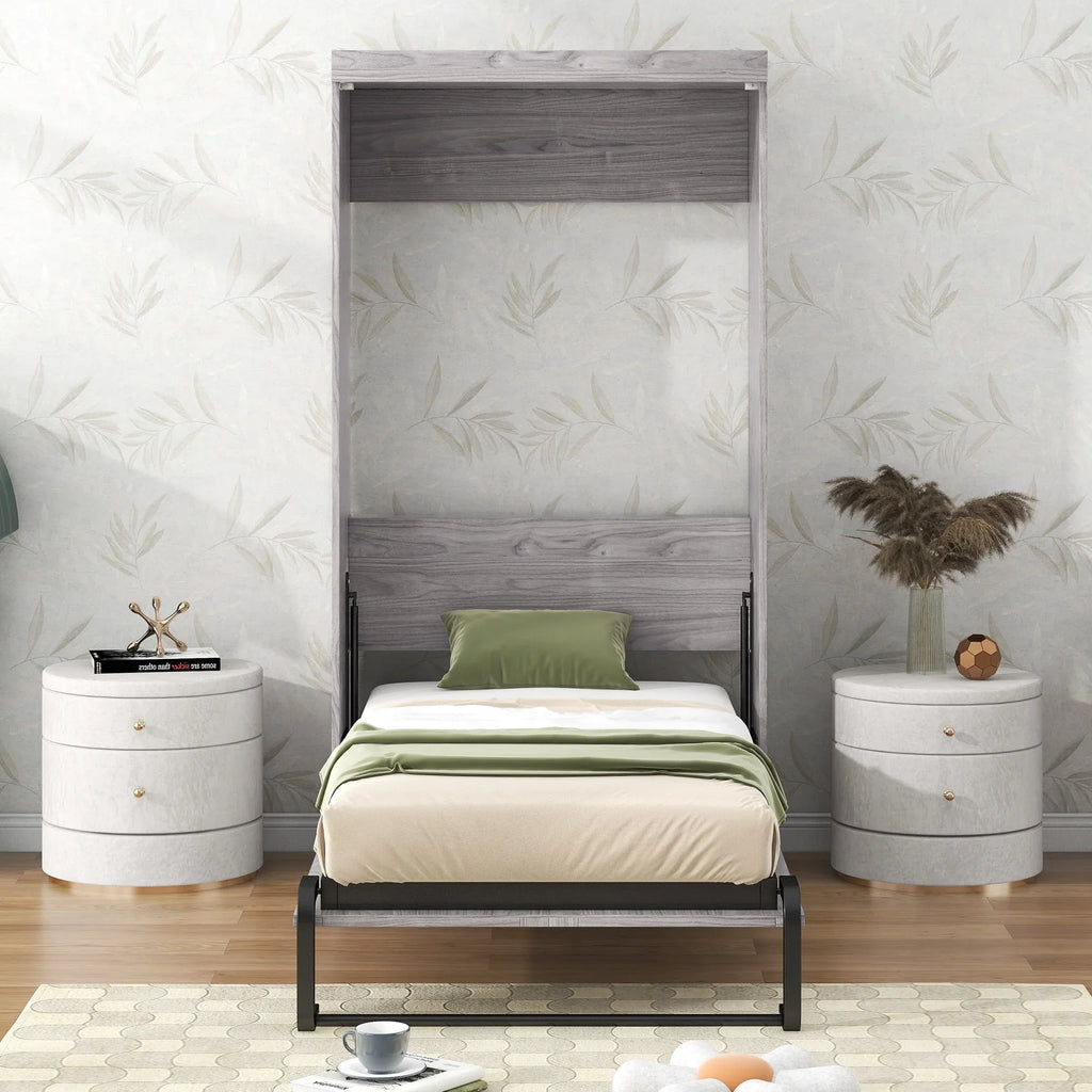 2026 NewEuroco Pine Wood Twin Size Murphy Bed, Convertible Wall Bed into A Cabinet, Gray