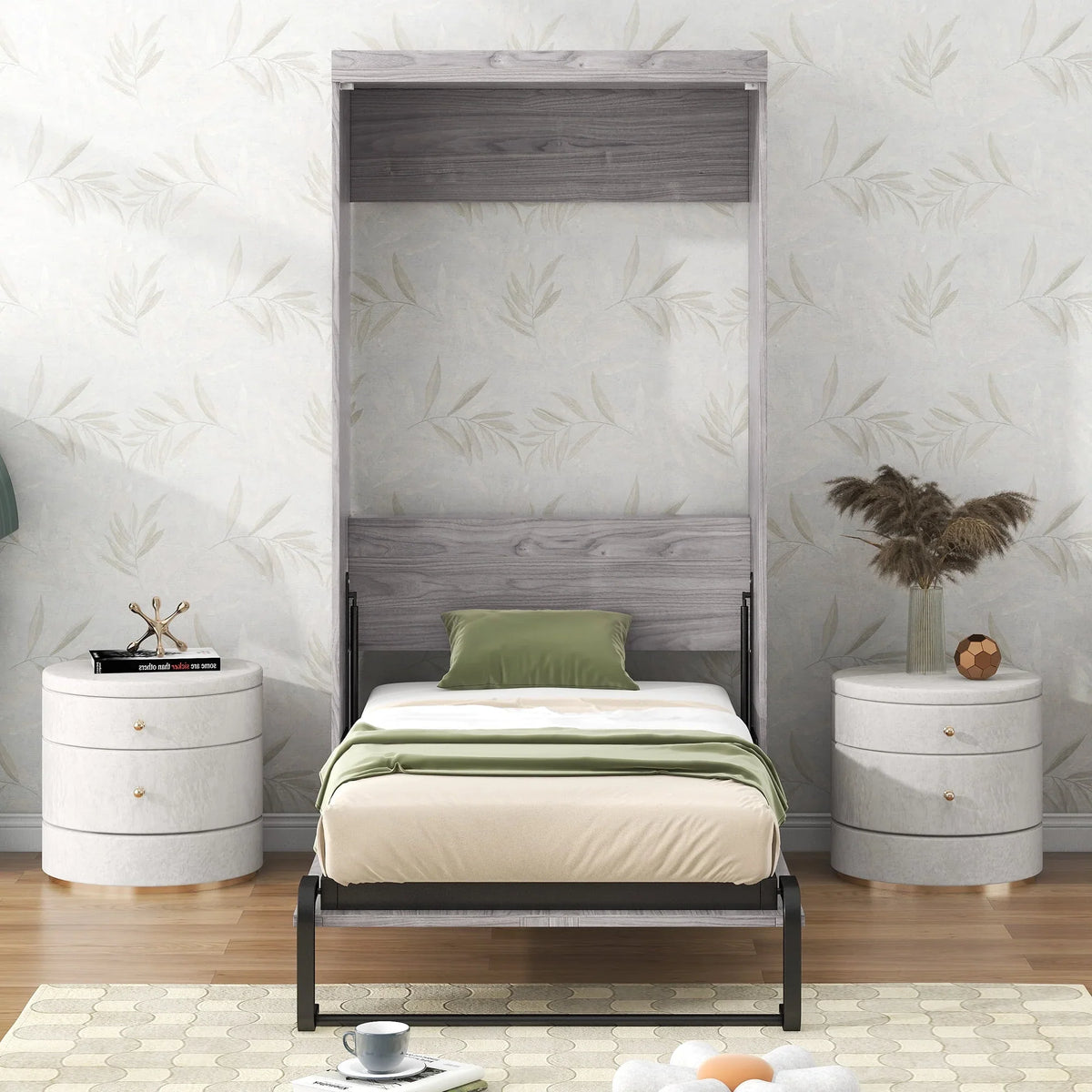 2026 NewEuroco Pine Wood Twin Size Murphy Bed, Convertible Wall Bed into A Cabinet, Gray