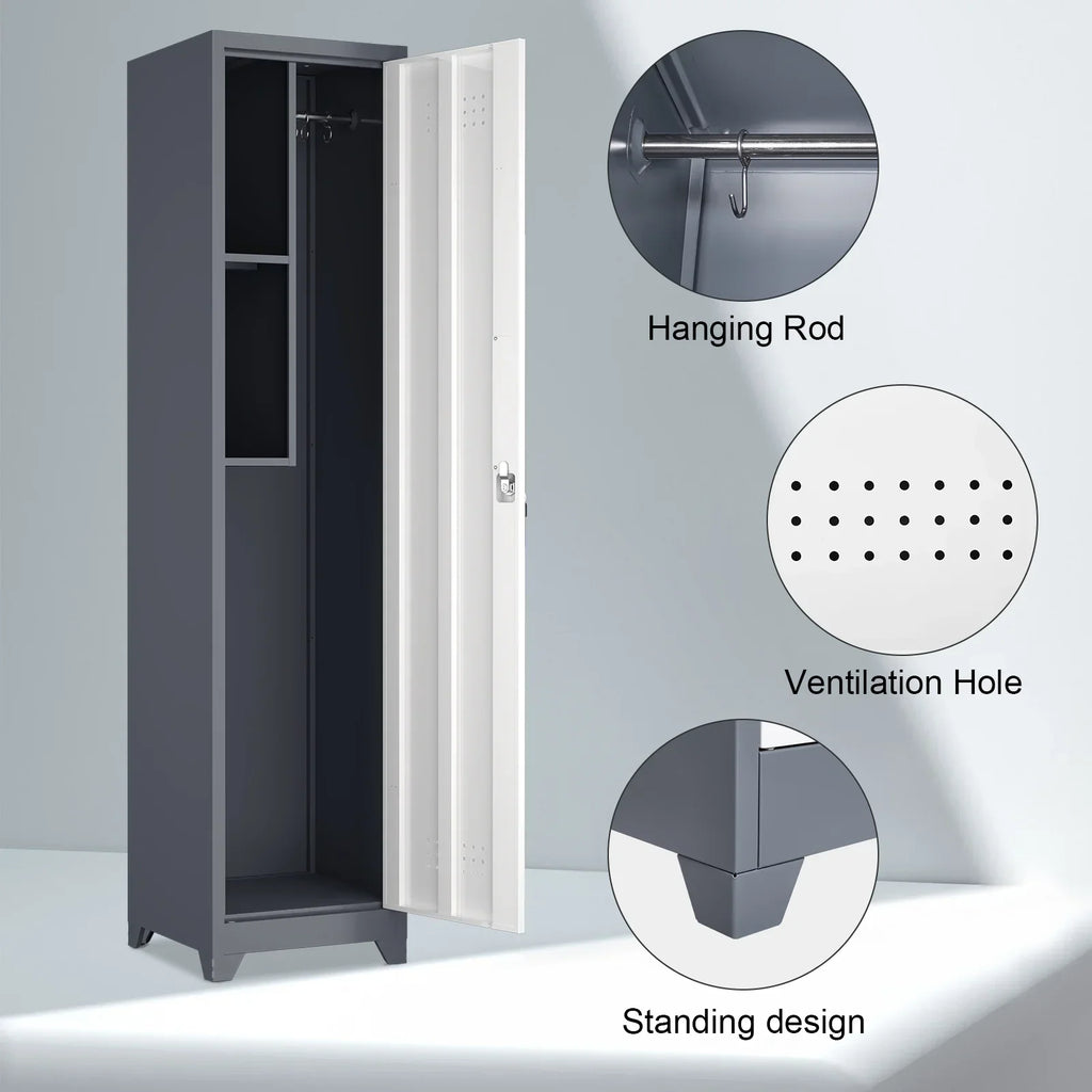2026 NewMarcree Slim Broom Storage Cabinet, Metal Cabinet with Shelves and Hanging Rod, 65" Utility Storage Cabinet with Locking Door, Tall Cleaning Storage Cabinet for Kitchen, Pantry, Office, Shop, Garage