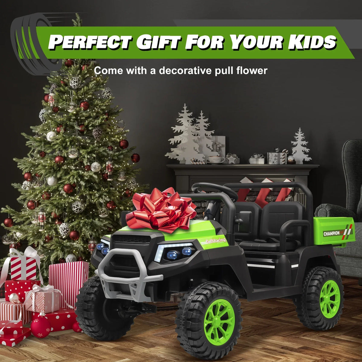 2026 NewJoyracer 4WD 24 Volt Ride on Toys UTV with 2 Seater & Remote Control, Kids Electric Golf Cart w/ 4x200W Power Motors, Tiltable Trailer & Shovel, 4 Wheels Spring Suspension, Bluetooth USB Music, Black
