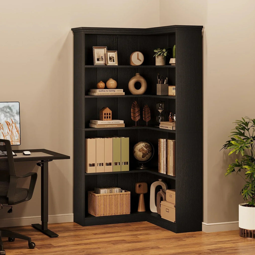 2026 NewEuKer 5 Tier Corner Bookcase, L-Shaped Bookshelf with Large Storage Capacity for Living Room, Bedroom, Office (Half Panel, Retro Brown)