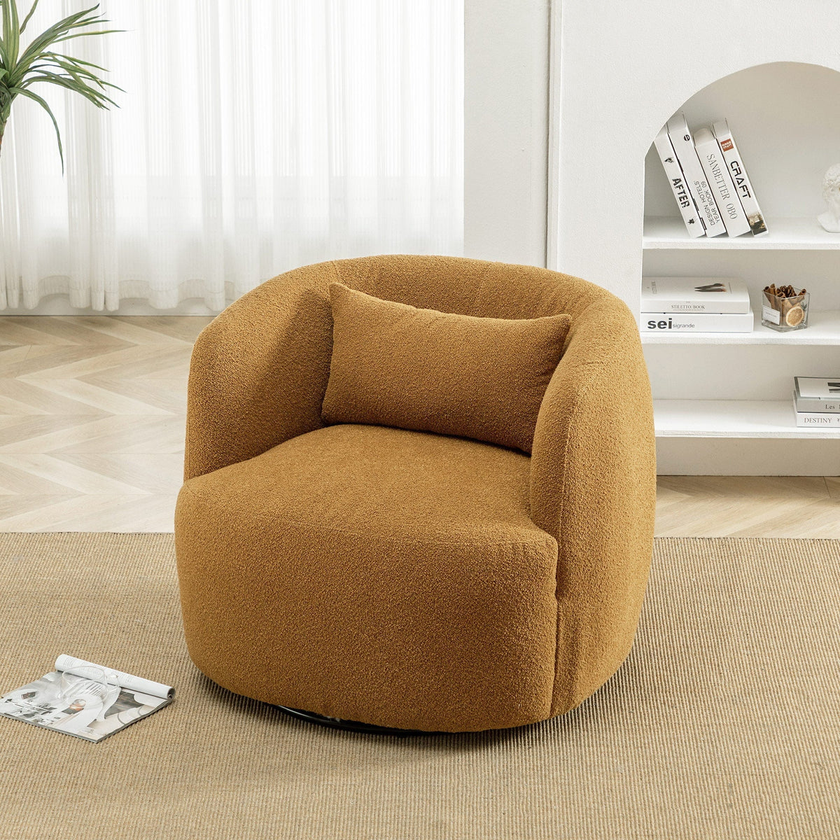 2026 New34" Wide Boucle Swivel Barrel Chair, No Assembly Round Upholstered Armchair Accent Chair Single Sofa Chair with Toss Pillow for Living Room and Bedroom, Taupe