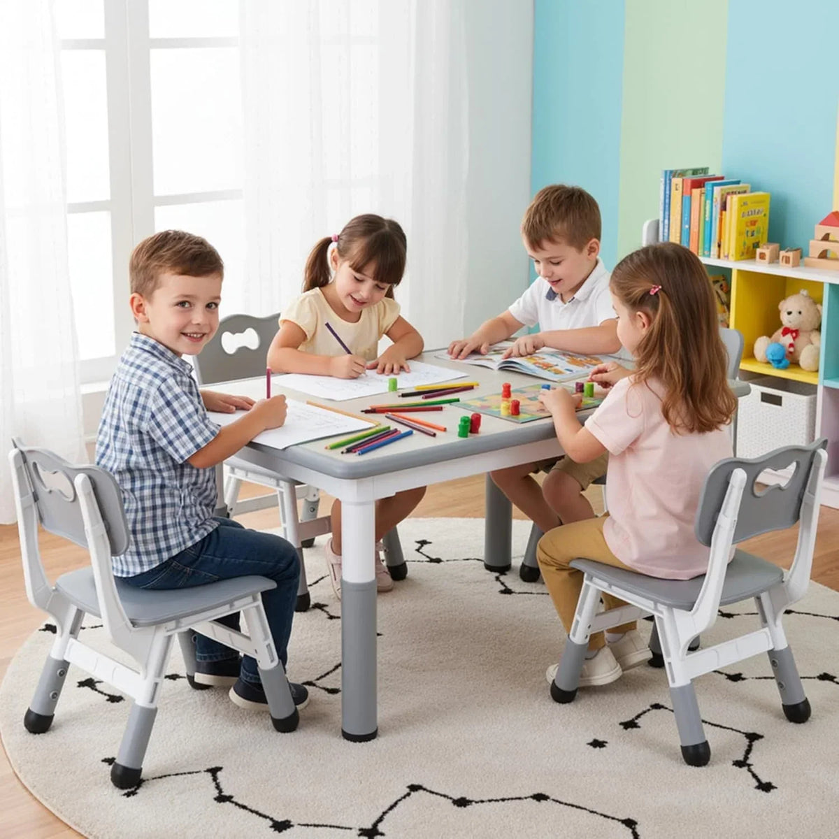 2026 NewLAZY BUDDY Kids Table and 4 Chairs Set, Height Adjustable Toddler Desk with Graffiti Desktop, Kids Activity Table Set for Daycare, Home