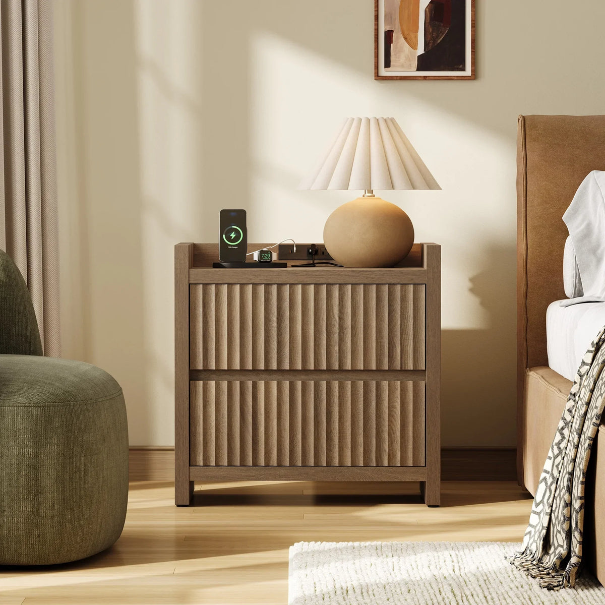 2026 NewSICOTAS 25.4" Wide Nightstand Set of 2 with Charging Station, Modern Night Stand with 2 Fluted Dresser & Handle-Less Storage Farmhouse Bed Side Table for Bedroom, Natural Oak