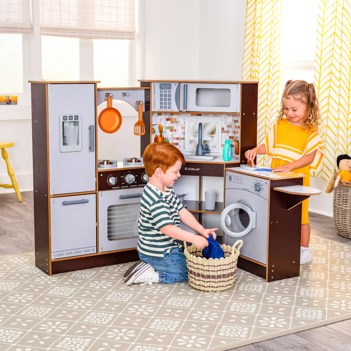 2026 NewKidKraft Elegant Espresso Wooden Corner Play Kitchen with 19 Accessories, for Children 3+