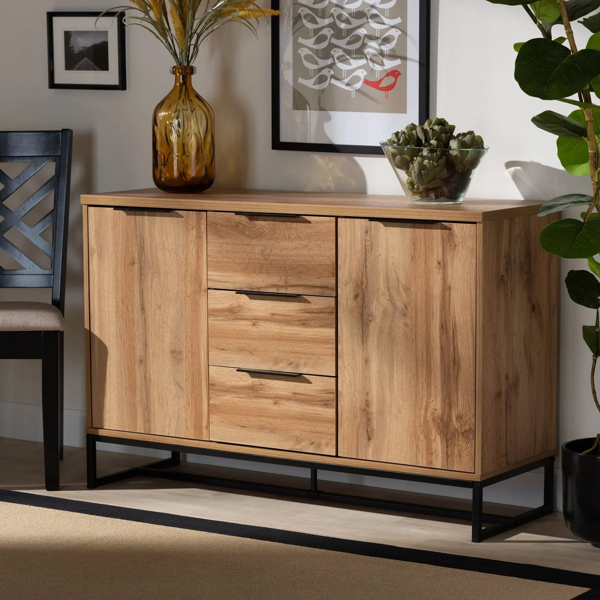 2026 NewBaxton Studio Reid Modern and Contemporary Industrial Oak Finished Wood and Black Metal 3-Drawer Sideboard Buffet