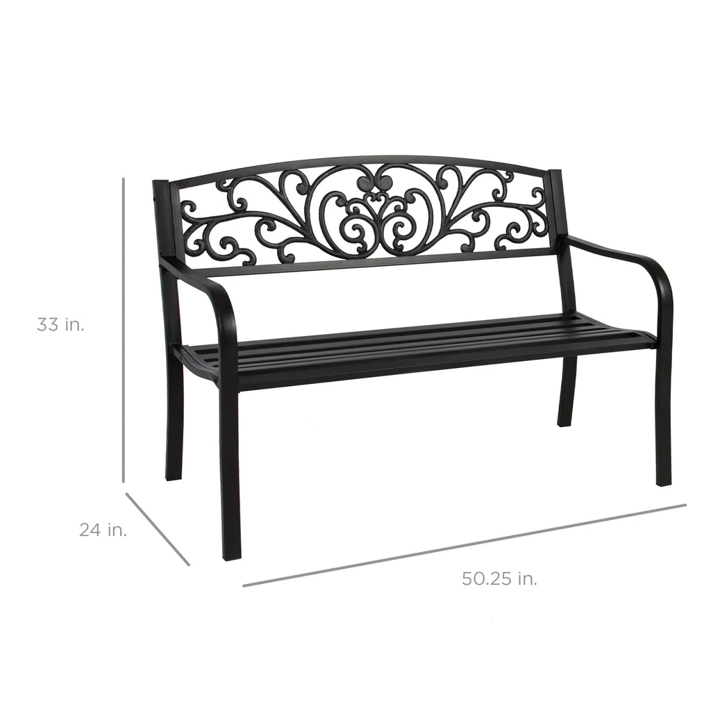 2026 NewBest Choice Products Outdoor Steel Bench Garden Patio Porch Furniture w/ Floral Design Backrest - Black