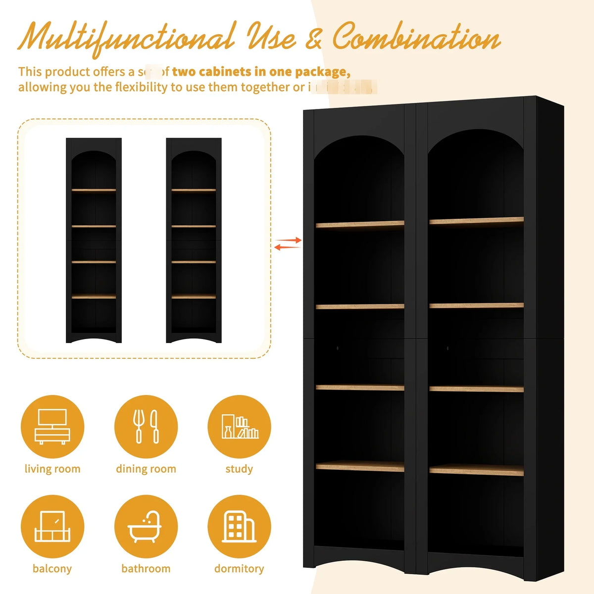 2026 New72"h Pantry Pair, 2, Adjustable Shelves,, Black Finish 2 Bookcase, Cabinet With Vintage Style