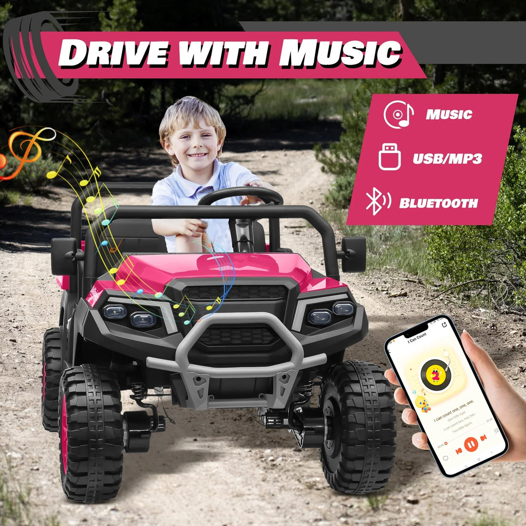 2026 NewJoyracer 4WD 24 Volt Ride on Toys UTV with 2 Seater & Remote Control, Kids Electric Golf Cart w/ 4x200W Power Motors, Tiltable Trailer & Shovel, 4 Wheels Spring Suspension, Bluetooth USB Music, Black