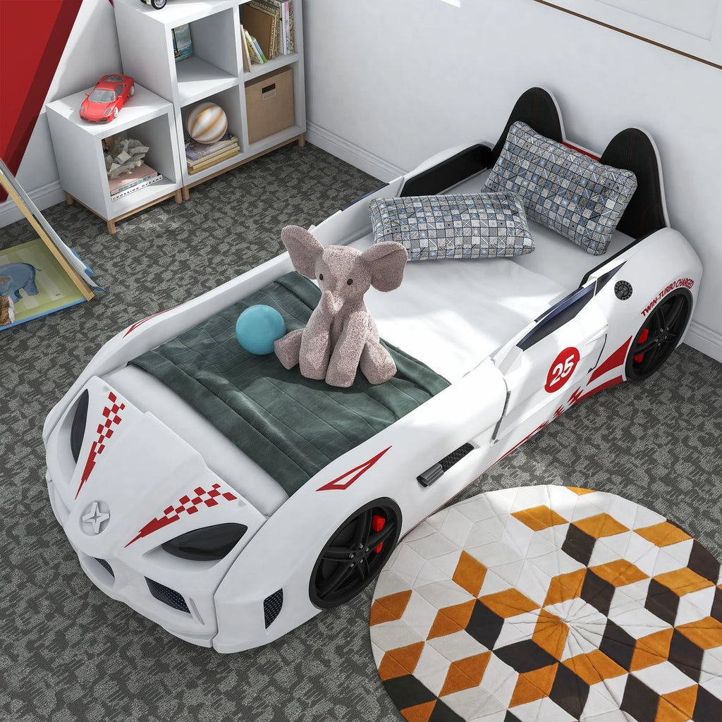 2026 NewFurniture of America Dash Kids Plastic Twin Race Car Bed with LED and Sound, White