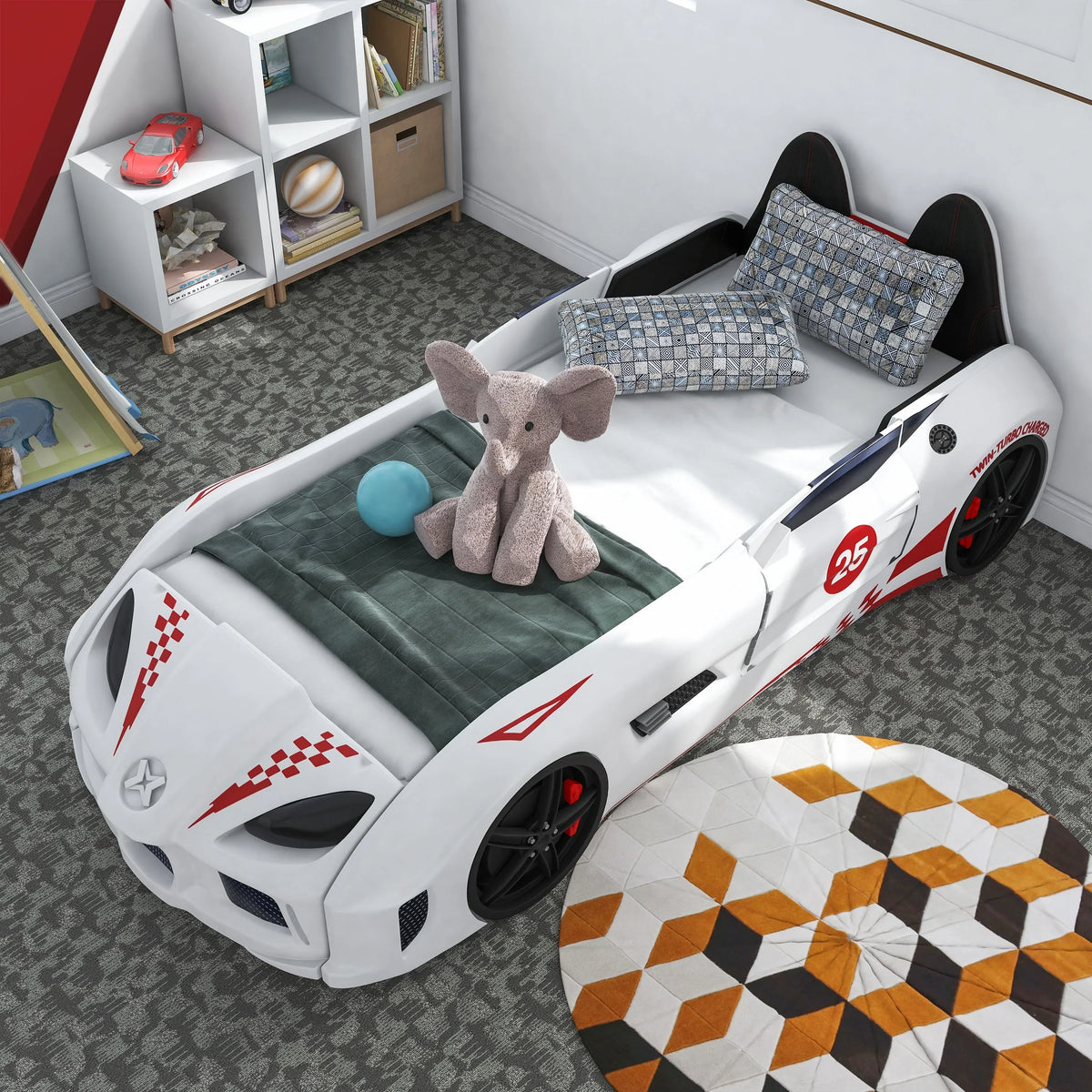 2026 NewFurniture of America Dash Kids Plastic Twin Race Car Bed with LED and Sound, White