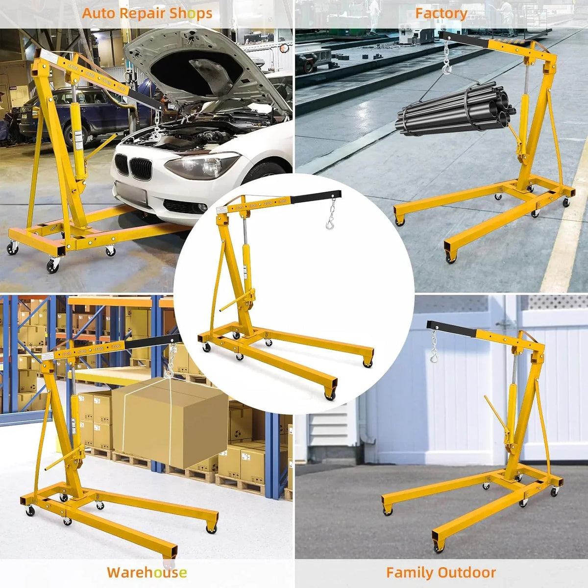 2026 NewJoanKaren 2 Ton Folding Hydraulic Engine Hoist,Heavy-Duty Engine Shop Crane Hoist Lift,Heavy Cherry Picker with 6 Wheels,Yellow