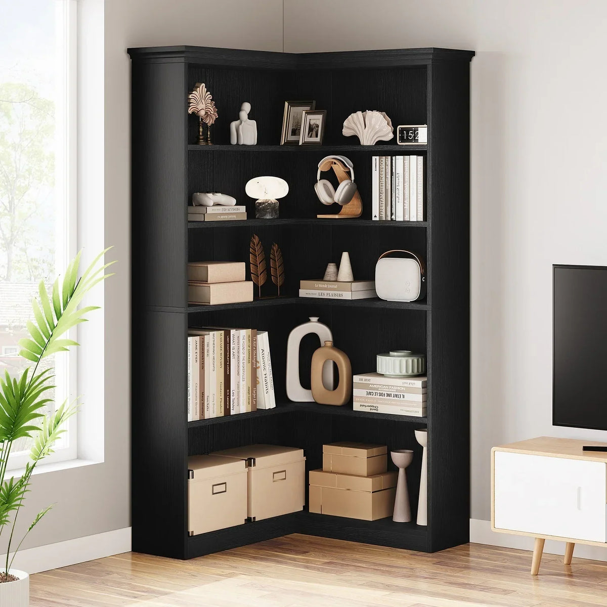 2026 NewEuKer 5 Tier Corner Bookcase, L-Shaped Bookshelf with Large Storage Capacity for Living Room, Bedroom, Office (Half Panel, Retro Brown)