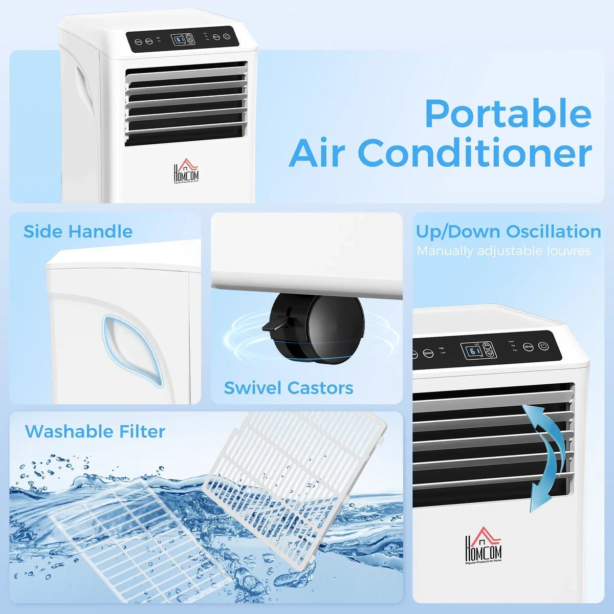 2026 NewHOMCOM 8000 BTU Mobile Portable Air Conditioner with Cooling, Dehumidifier, and Ventilating with Remote Control, 2 Speed Fans, 24-Hour Timer for Bedroom, Living Room, Home Office, White
