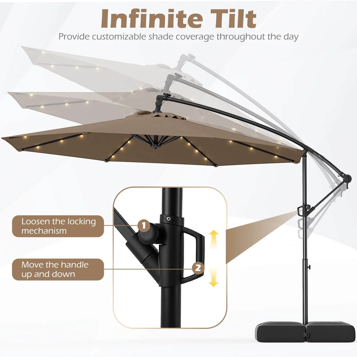 2026 NewCostway 10 FT Solar Offset Hanging Umbrella Patio Cantilever Umbrella with 32 LED Lights Brown