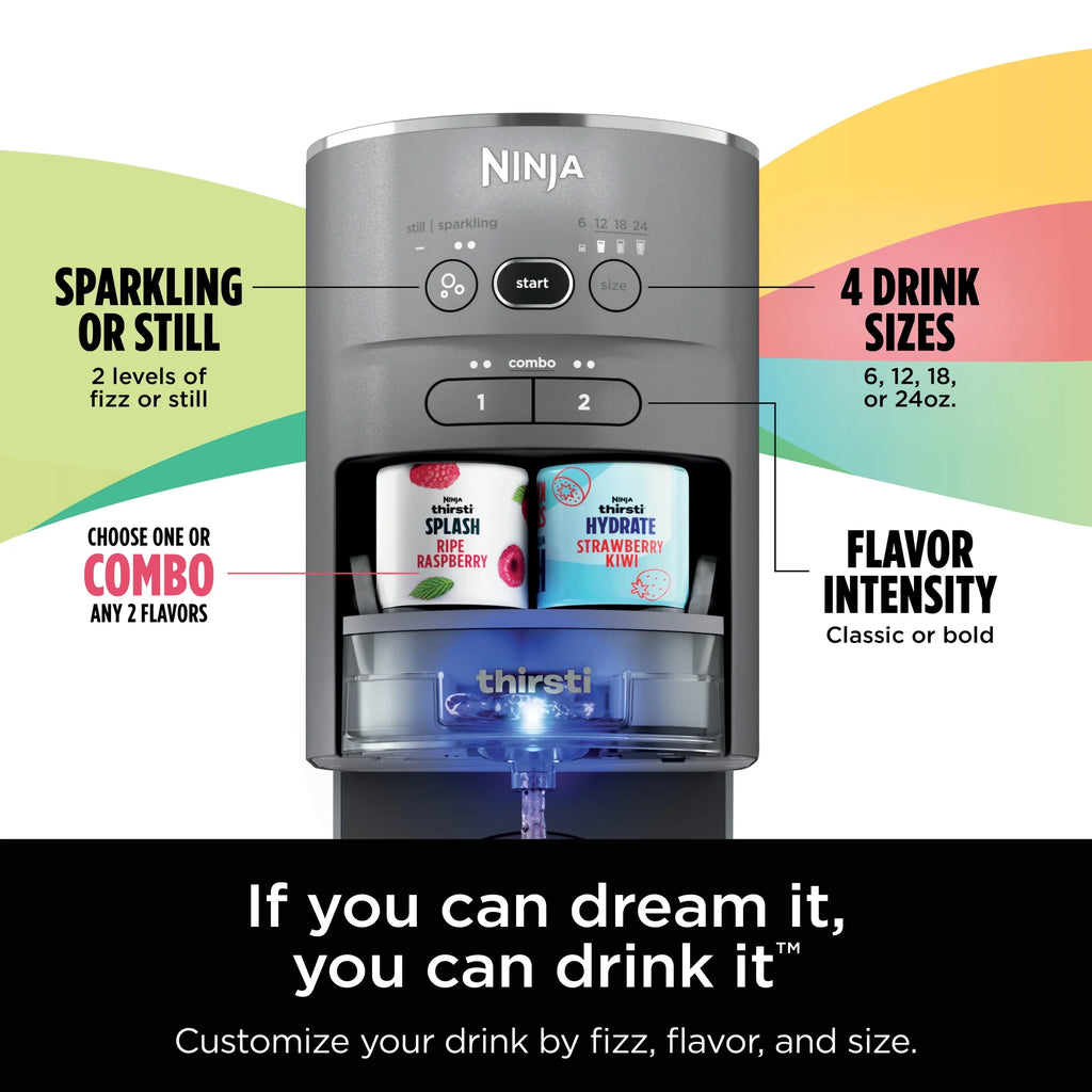 2026 NewNinja Thirsti Drink System Complete Still and Sparkling Customization Drink Kit with CO2 Canister, Flavors, and 48oz Reservoir