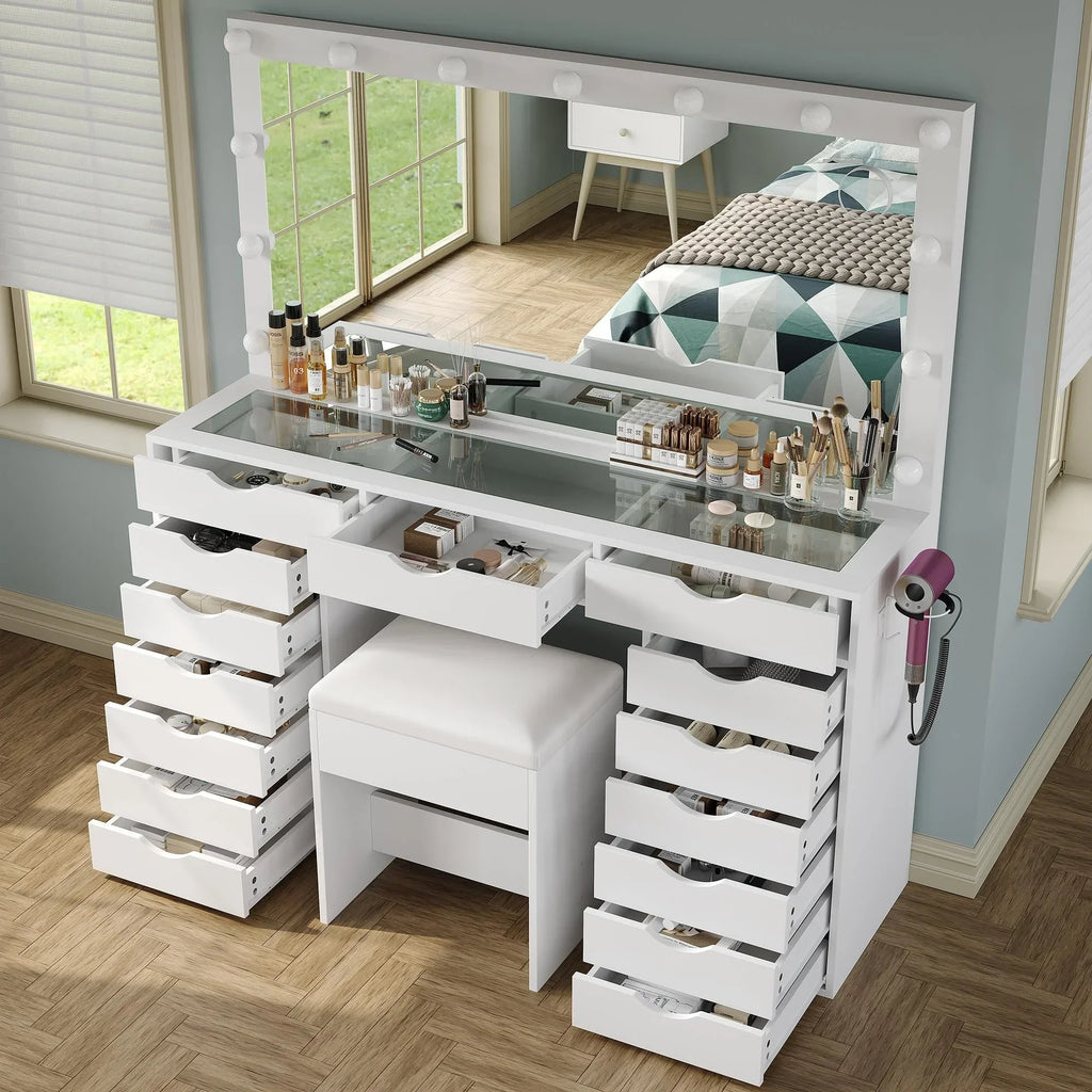 2026 NewYanosaku 15 Drawers Vanity Desk with Power Outlet, Makeup Table with Mirror and 13 LED Lights, 3 Color Lighting Modes, Brightness Adjustable, Glass Top Dressing Table, Vanity Set for Bedroom