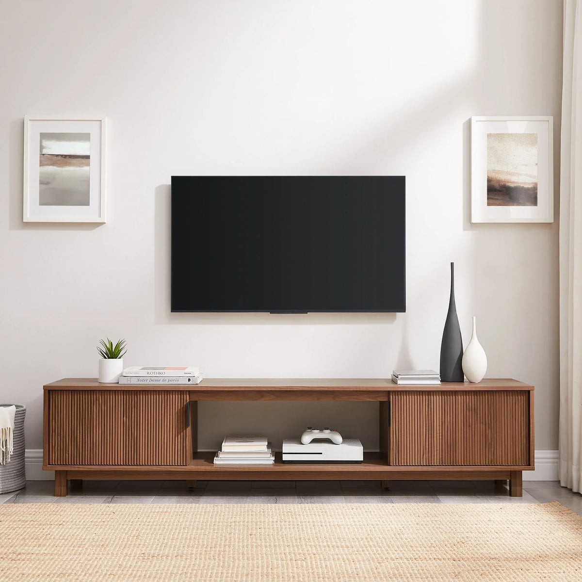 2026 NewWalker Edison Mid-Century Modern Reeded 2-Door TV Stand for TVs up to 80", Coastal Oak
