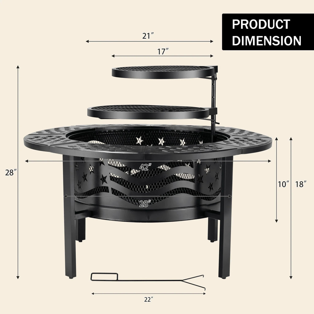 2026 NewTrumanPick Fire Pit for Outside 42" Wood Burning Fire Pit Tables with 2 Adjustable Swivel BBQ Grills, Lid, Poker for Patio Backyard BBQ Ice Storage