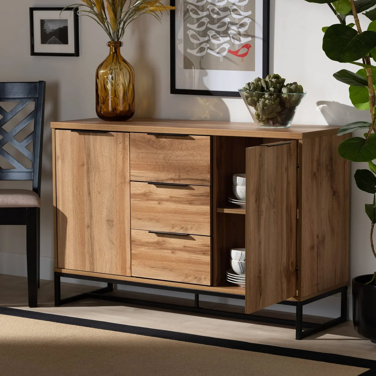 2026 NewBaxton Studio Reid Modern and Contemporary Industrial Oak Finished Wood and Black Metal 3-Drawer Sideboard Buffet