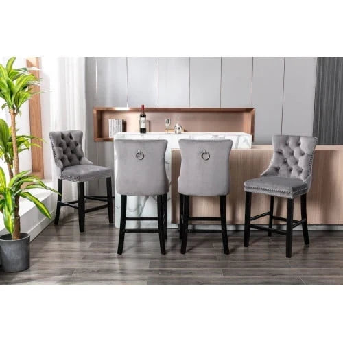 2026 NewVelvet Bar Stools Set of 2, Upholstered Counter Height Bar Chair with Rivet and Button Trim, Bar Stool with Back and Footrest, for Dining Room, Kitchen, Pub, Gray