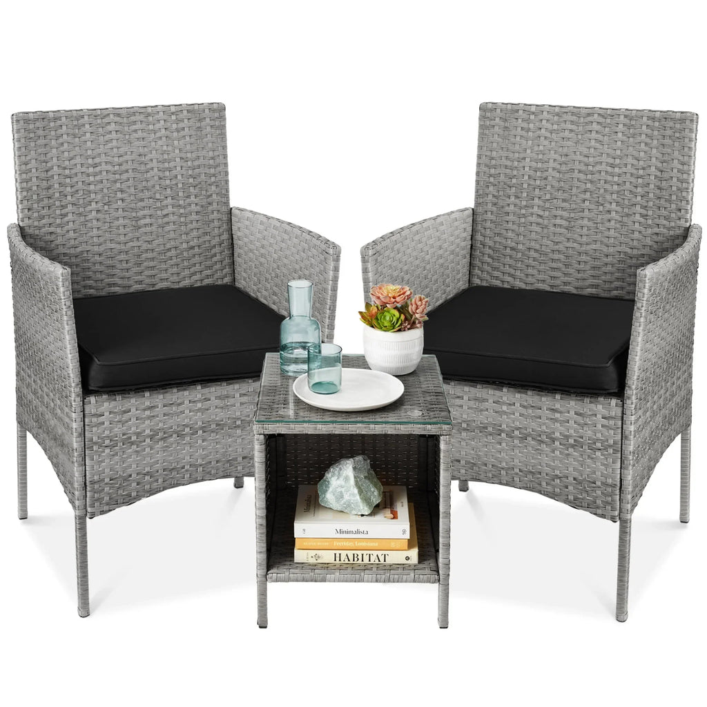 2026 NewBest Choice Products 3-Piece Outdoor Wicker Conversation Patio Bistro Set, w/ 2 Chairs, Table - Gray/Navy