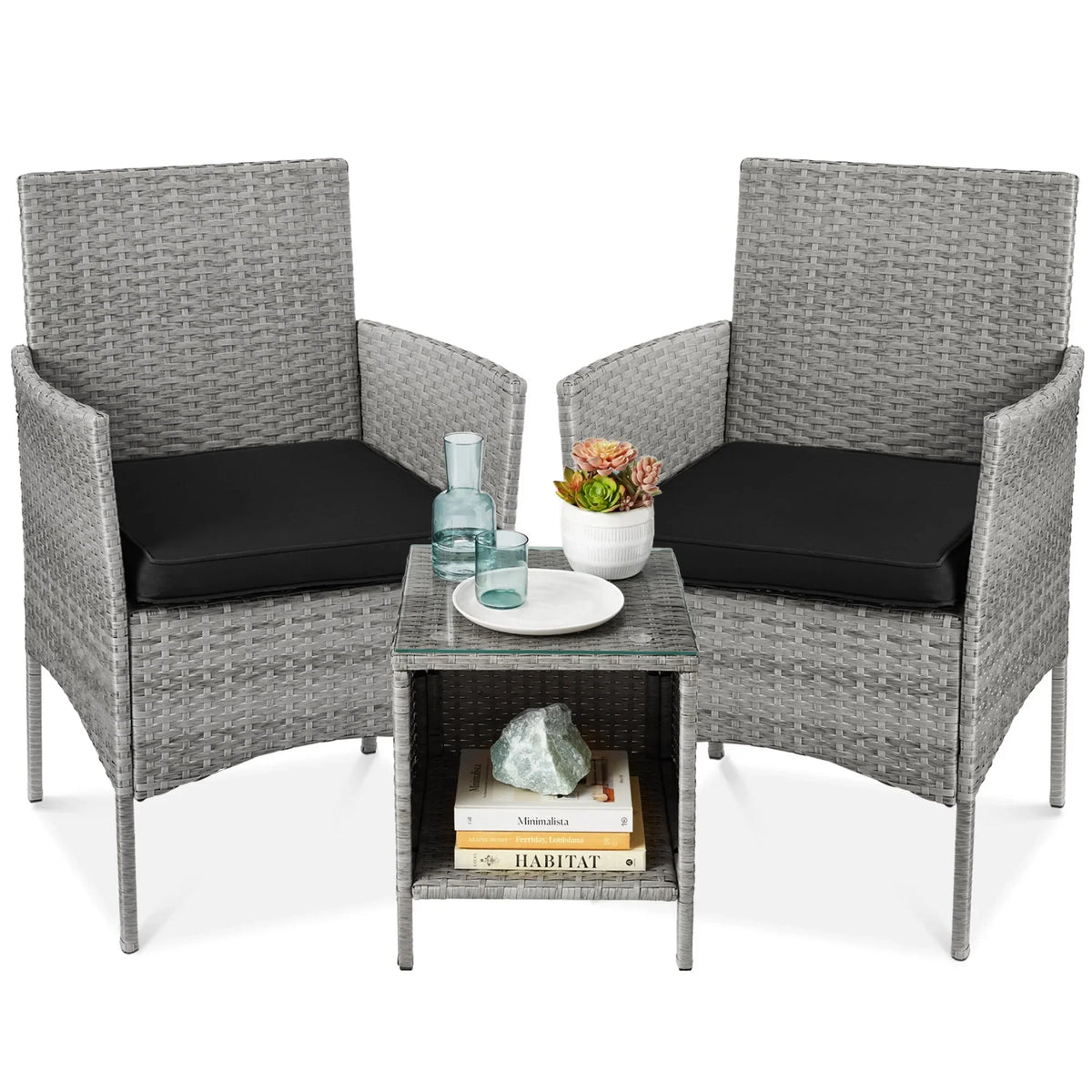 2026 NewBest Choice Products 3-Piece Outdoor Wicker Conversation Patio Bistro Set, w/ 2 Chairs, Table - Gray/Navy