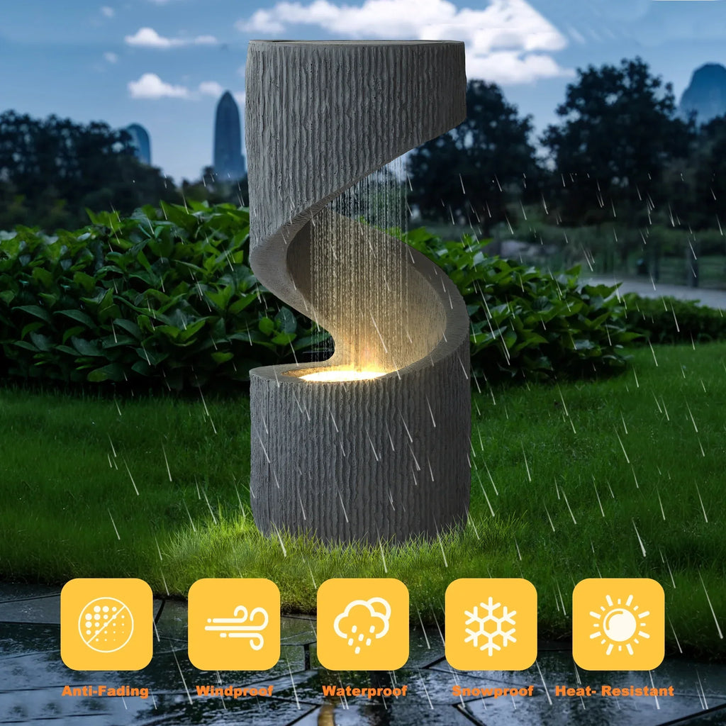 2026 NewMagic Union Outdoor S-Shaped Water Fountain, Spiral Waterfall Indoor Fountain Outside Garden Decor with LED Lights & Pump, Curved Patio Resin Fountains for Yard, Deck, Porch and Home Decorations