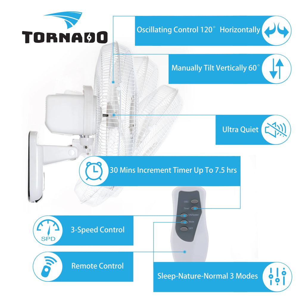 2026 New2 Pack - Tornado 16 Inch Wall Mount Fan - Remote Control Included - 3 Speed Settings - UL Safety Listed