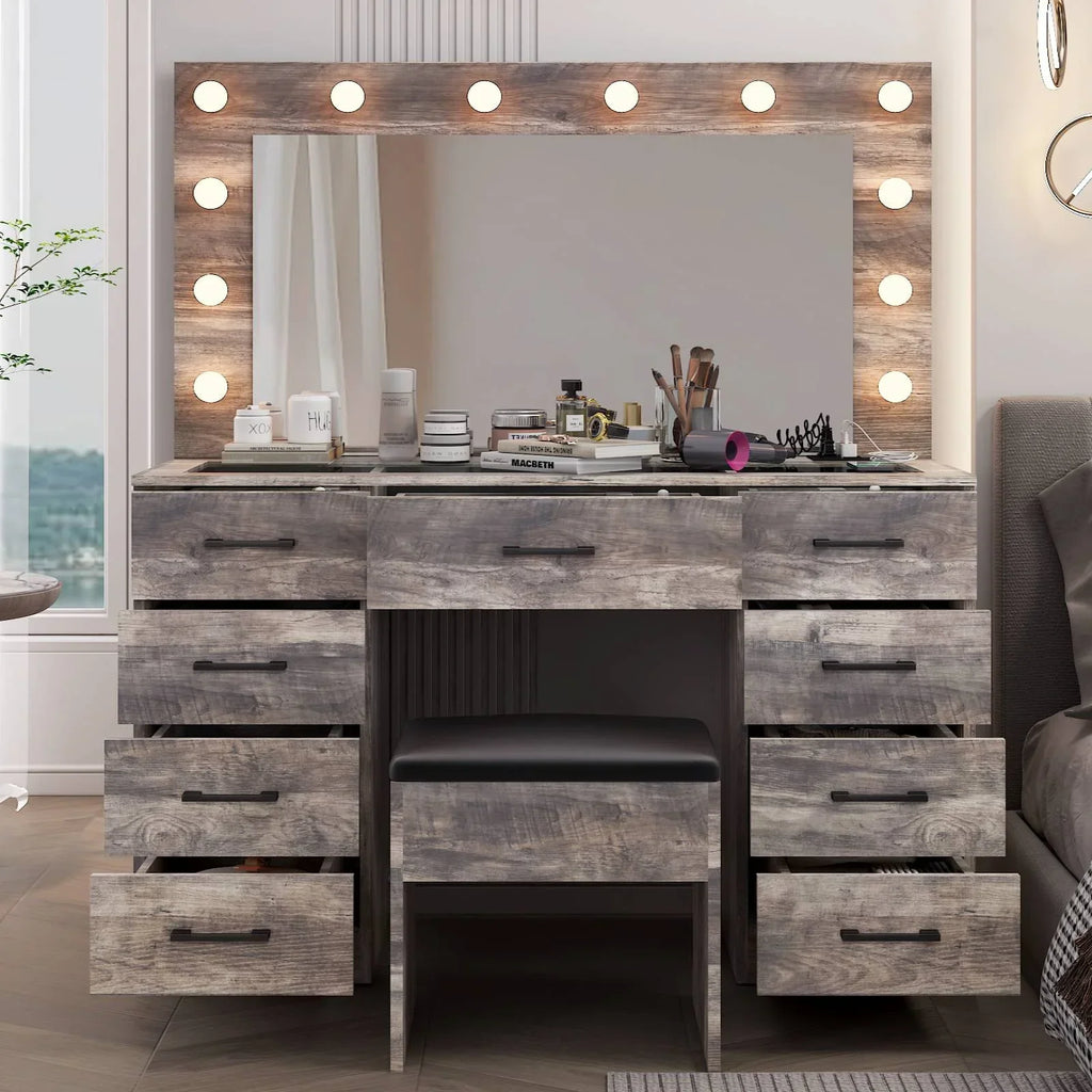 2026 NewKtaxon Large Makeup Vanity, Vanity Table Set w/ Visible Glass Top w/ Charging Station, White