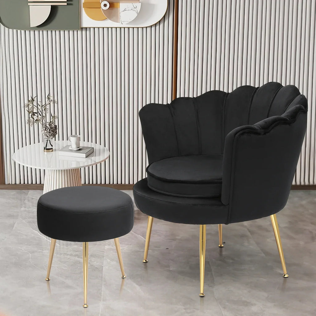 2026 NewMoNiBloom Set of 2 Velvet Tufted Accent Chair with Pillow and Stool, Upholstered Modern Single Sofa Side Chair with Padded Seat and Golden Metal Legs, Living Room Armchair, Black