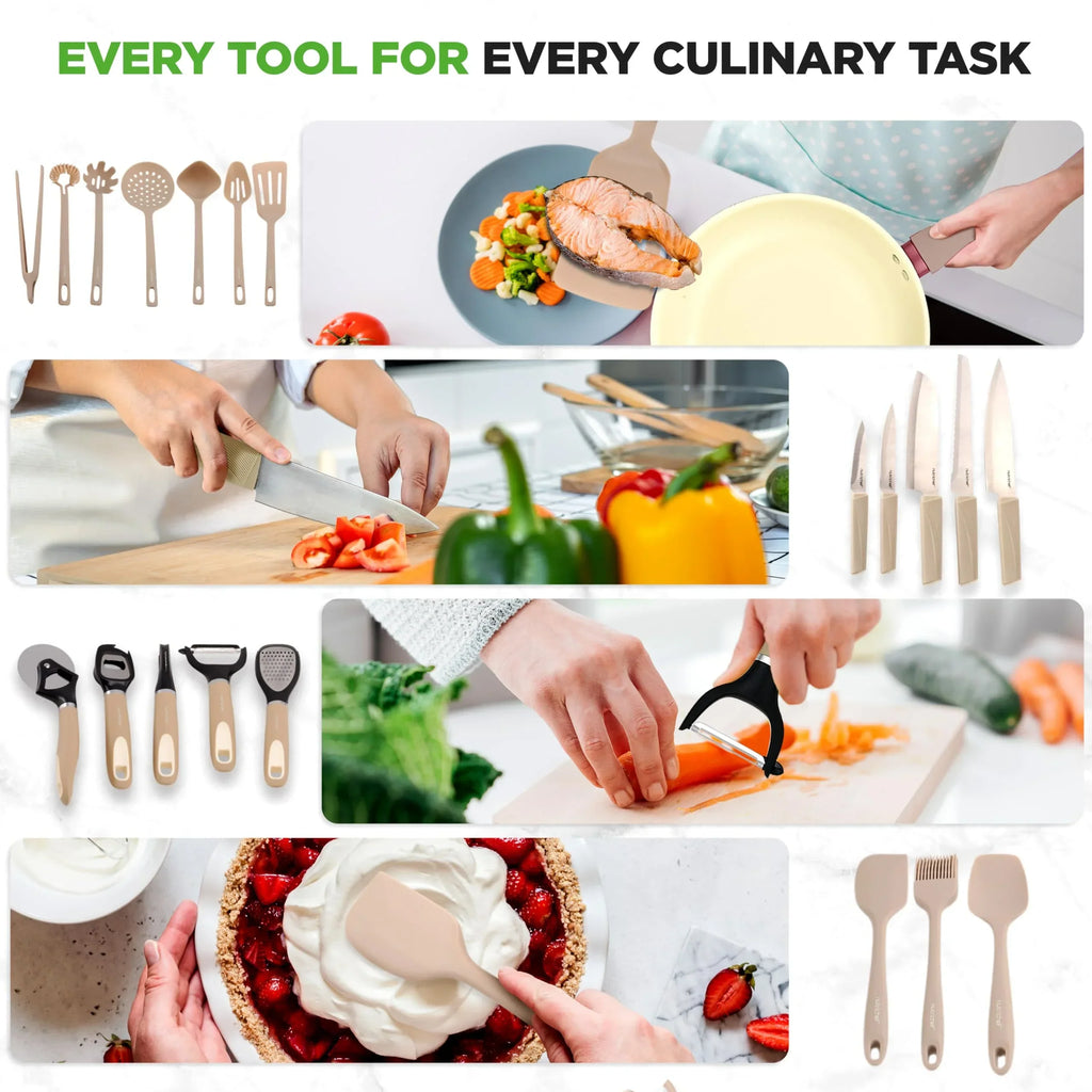 2026 NewNutriChef 75-Piece Non-Stick Pots and Pans Set, Complete Ceramic Cookware Set with Bakeware, Utensils, Knife Set, & Accessories, Stain-Resistant, Food-Grade Safe, Cream/Brown