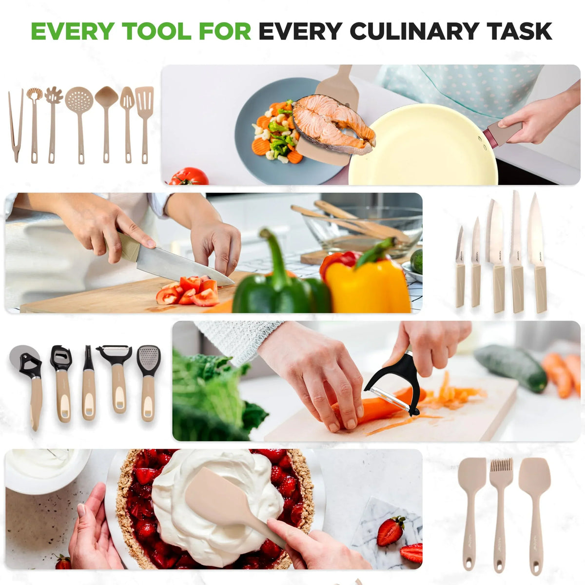 2026 NewNutriChef 75-Piece Non-Stick Pots and Pans Set, Complete Ceramic Cookware Set with Bakeware, Utensils, Knife Set, & Accessories, Stain-Resistant, Food-Grade Safe, Cream/Brown
