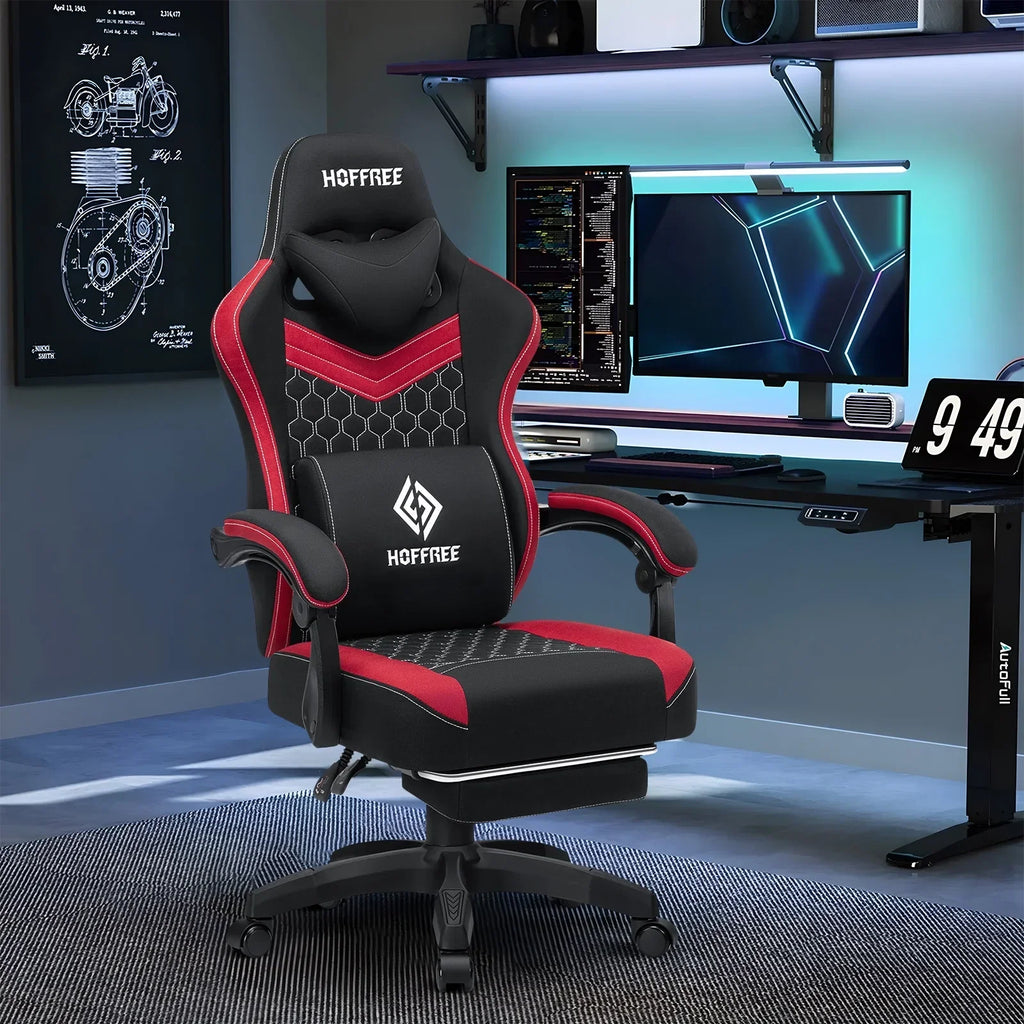 2026 NewHoffree Gaming Chair with Massage Fabric Office Chair with footrest for Adults, Ergonomic Gamer Chair with Headrest and Lumbar Support for Office Gaming, 440 LBS