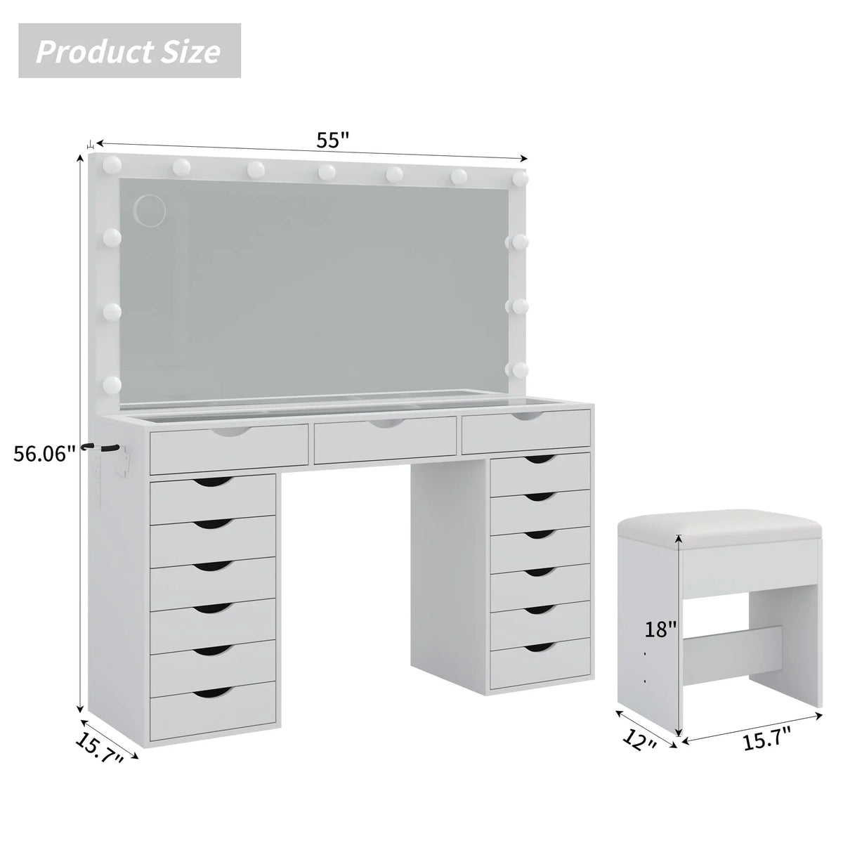 2026 NewYanosaku 15 Drawers Vanity Desk with Power Outlet, Makeup Table with Mirror and 13 LED Lights, 3 Color Lighting Modes, Brightness Adjustable, Glass Top Dressing Table, Vanity Set for Bedroom